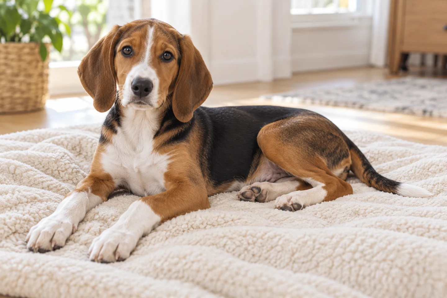 Serbian Tricolour Hound young dog resting indoors, showing the selected breed type