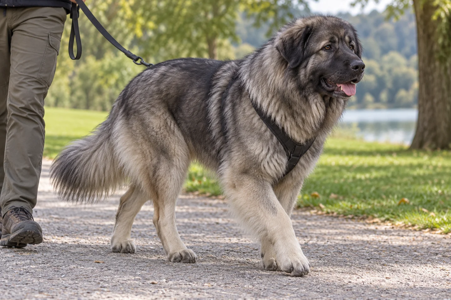 Sharplanina Shepherd Dog adult walking in a harness beside an adult handler, showing the selected breed type