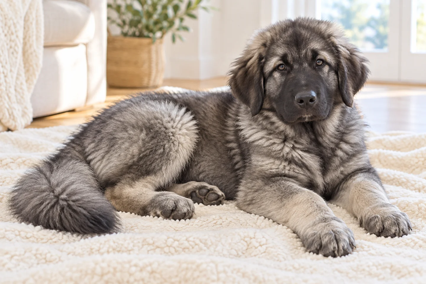 Sharplanina Shepherd Dog young dog resting indoors, showing the selected breed type
