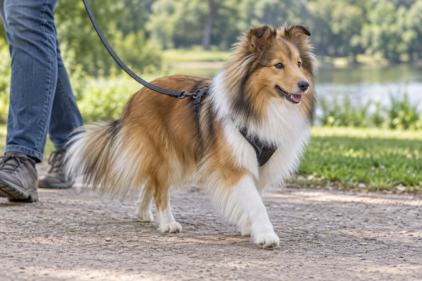 Shetland Sheepdog adult walking in a harness beside an adult handler, showing the selected breed type