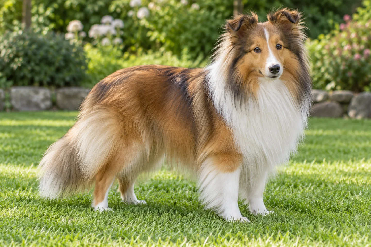 Shetland Sheepdog adult standing in a quiet outdoor setting, showing the selected breed type