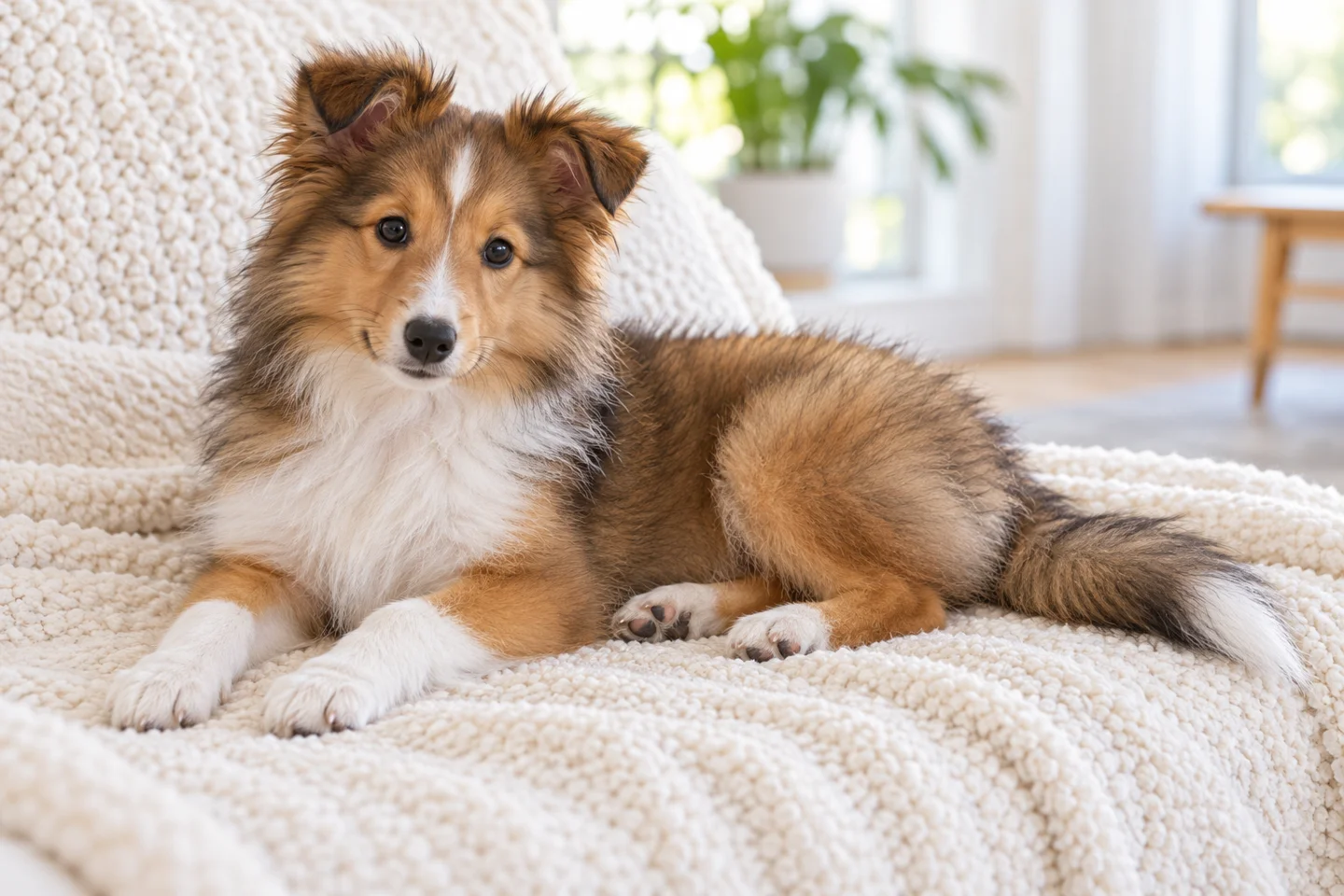 Shetland Sheepdog young dog resting indoors, showing the selected breed type