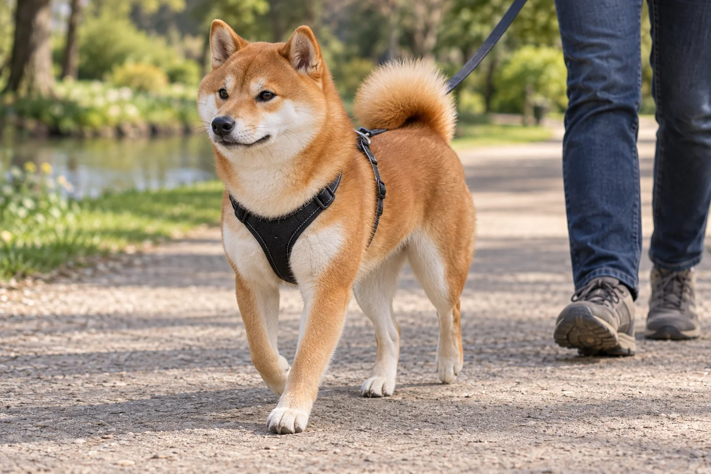 Shiba Inu adult walking in a harness beside an adult handler, showing the selected breed type