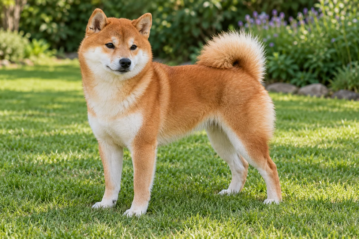 Shiba Inu adult standing in a quiet outdoor setting, showing the selected breed type