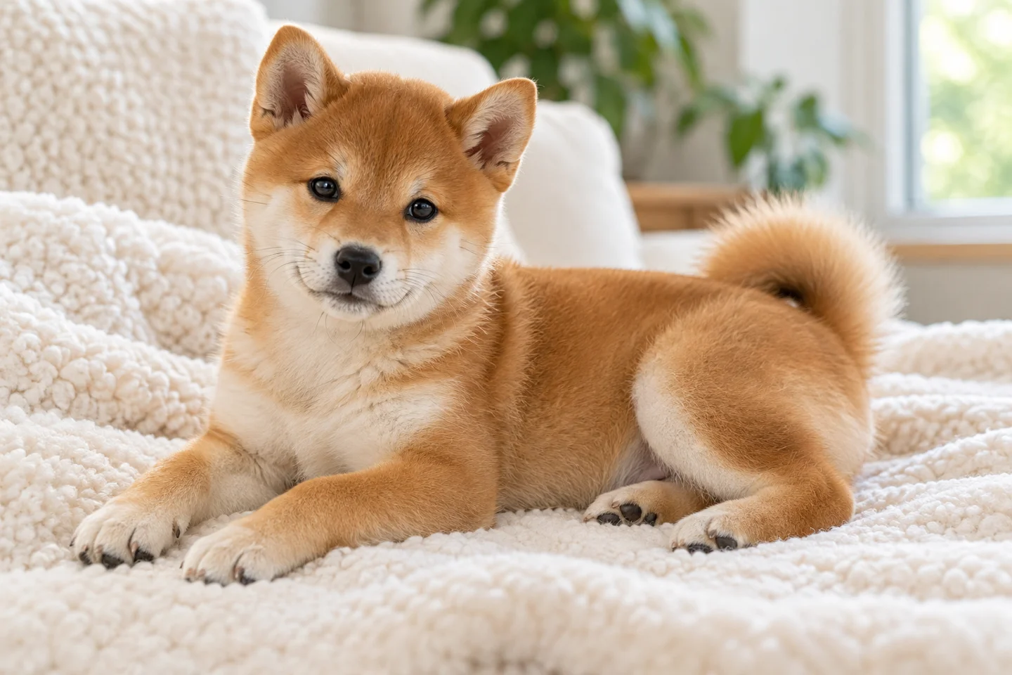 Shiba Inu young dog resting indoors, showing the selected breed type