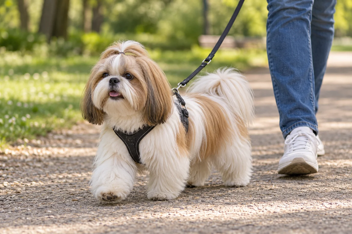 A gold-and-white Shih Tzu walking comfortably on a slack harness lead in a quiet park