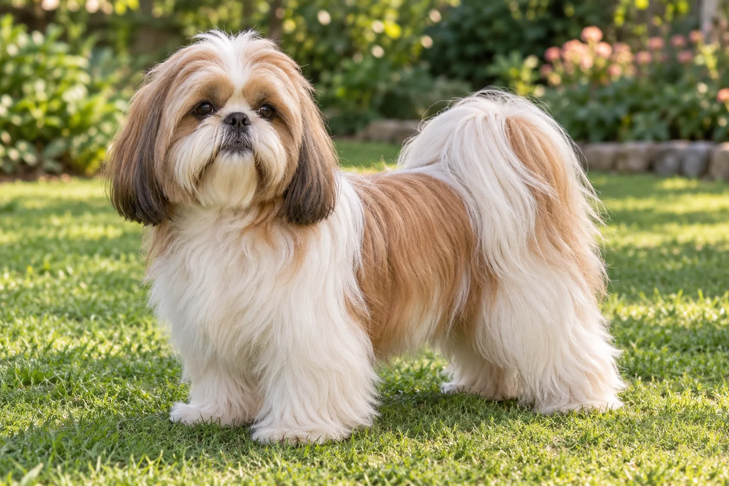 A gold-and-white adult Shih Tzu standing with a clear face and full plumed tail in a garden