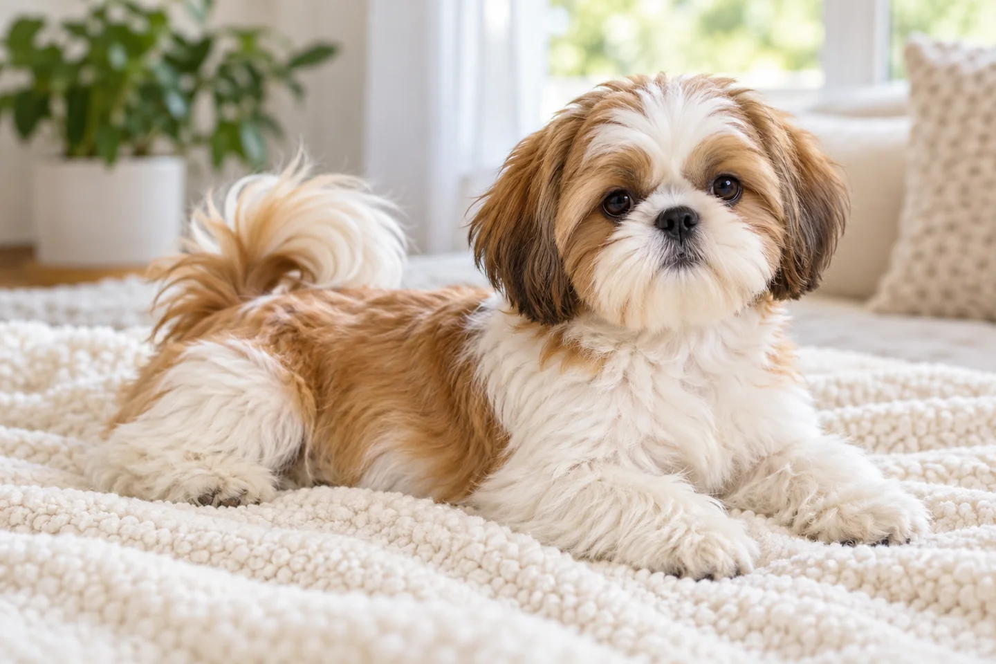 A gold-and-white Shih Tzu puppy resting on a blanket with its eyes and nose clearly visible