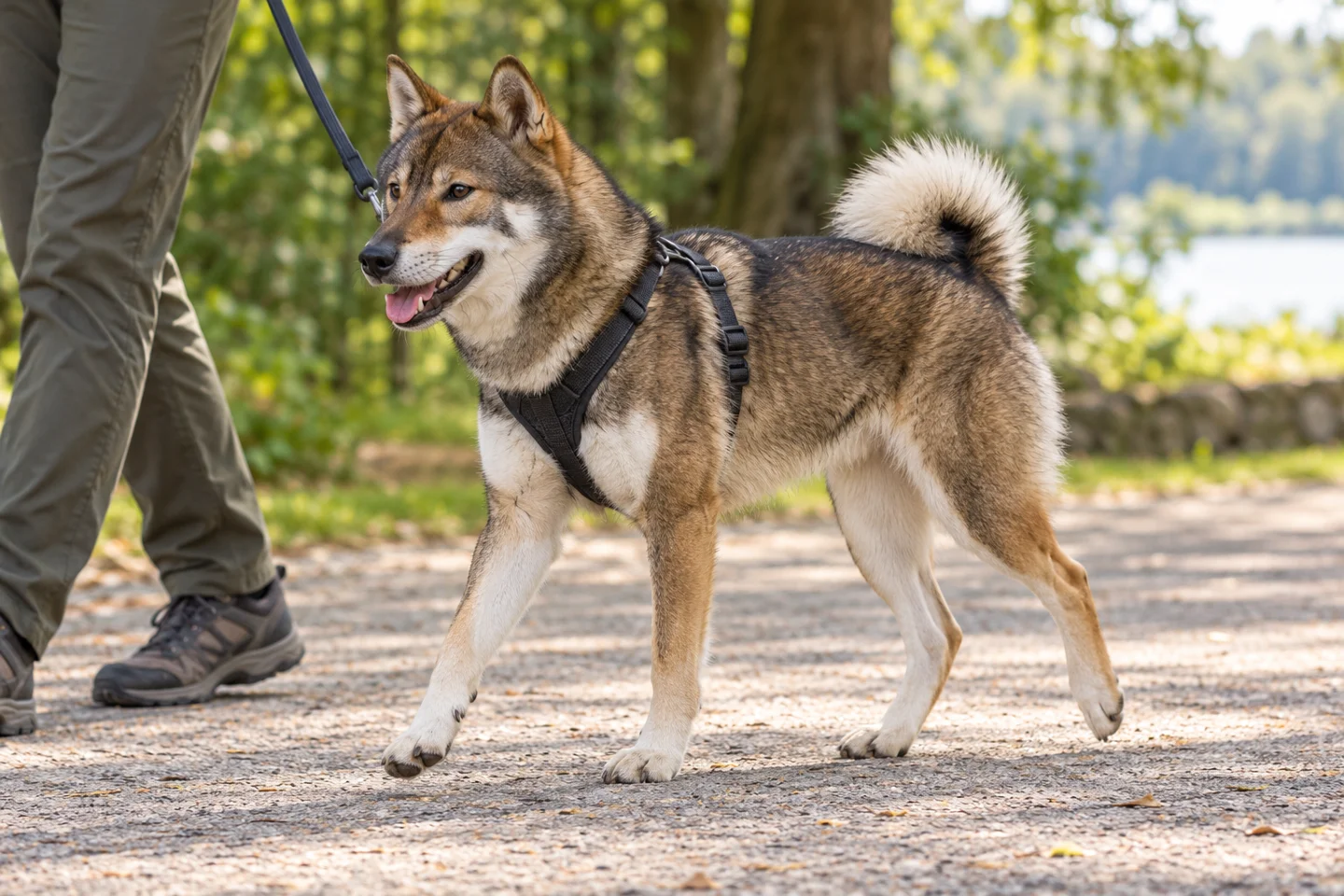 Shikoku adult walking in a harness beside an adult handler, showing the selected breed type