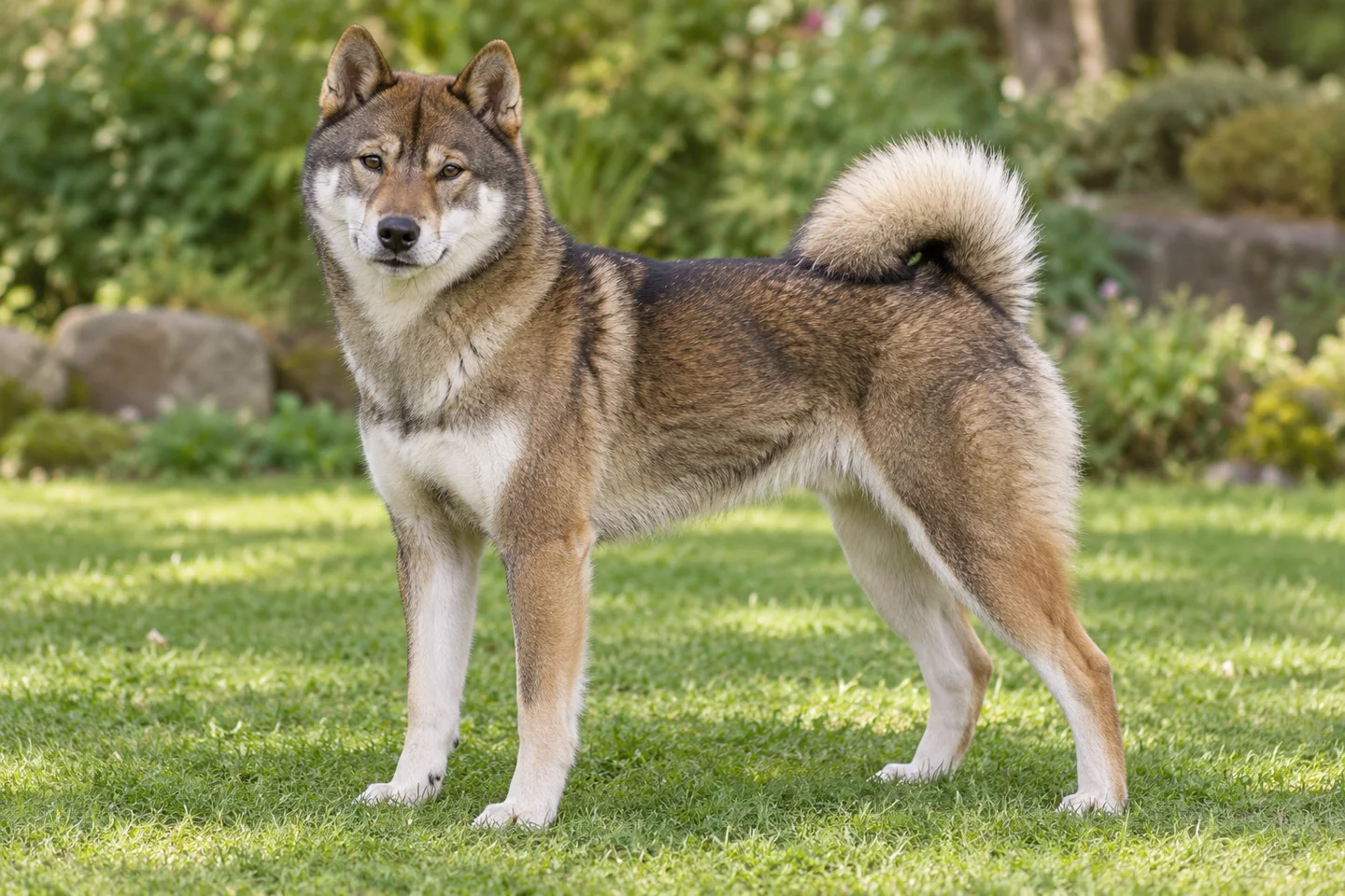 Shikoku adult standing in a quiet outdoor setting, showing the selected breed type