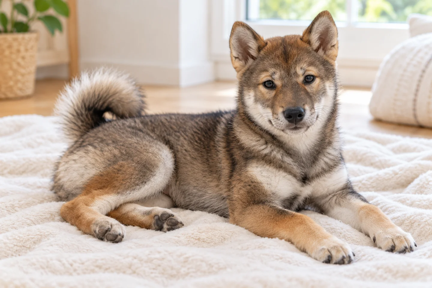 Shikoku young dog resting indoors, showing the selected breed type