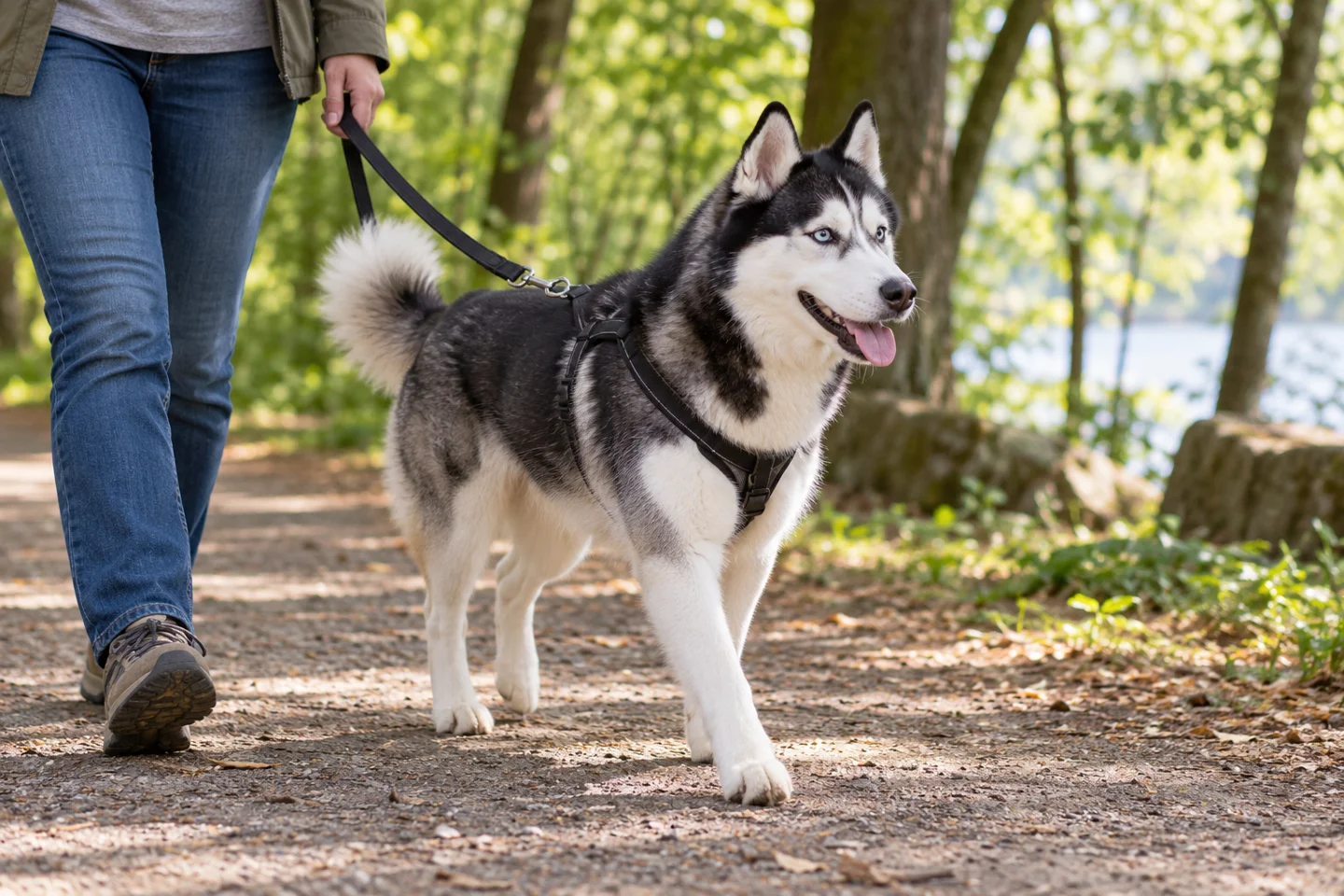 Adult black and white Siberian Husky walking on a shaded trail beside a person in a harness