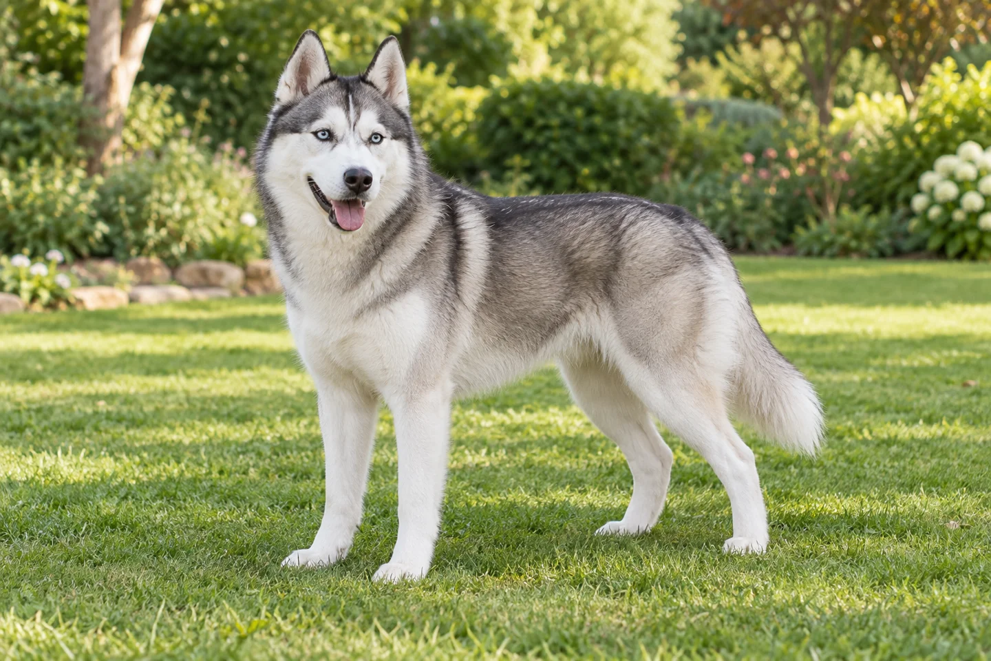 Adult grey and white Siberian Husky standing naturally on a garden lawn