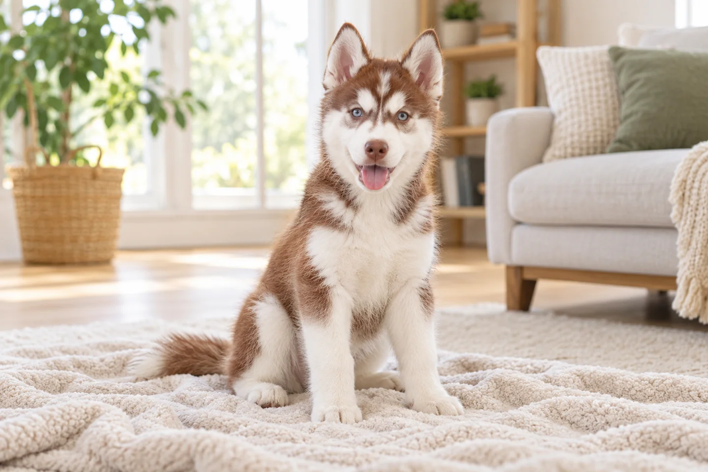 Red and white Siberian Husky puppy with upright ears sitting on a blanket indoors