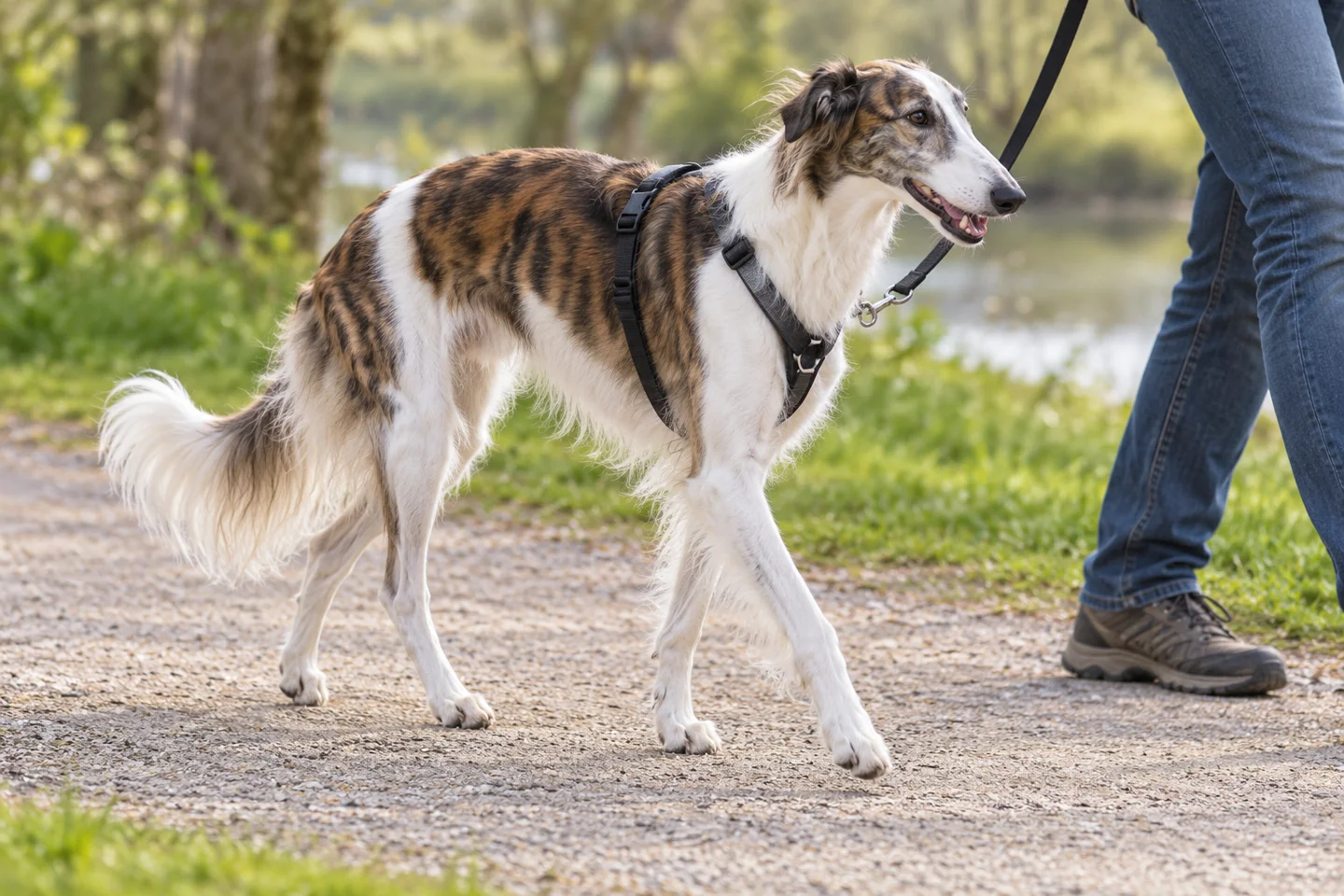 Silken Windhound adult walking in a harness beside an adult handler, showing the selected breed type