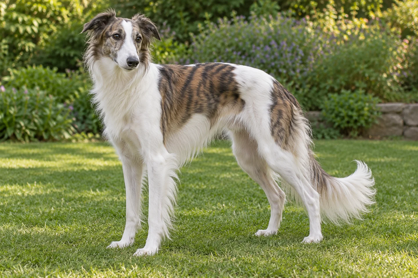 Silken Windhound adult standing in a quiet outdoor setting, showing the selected breed type