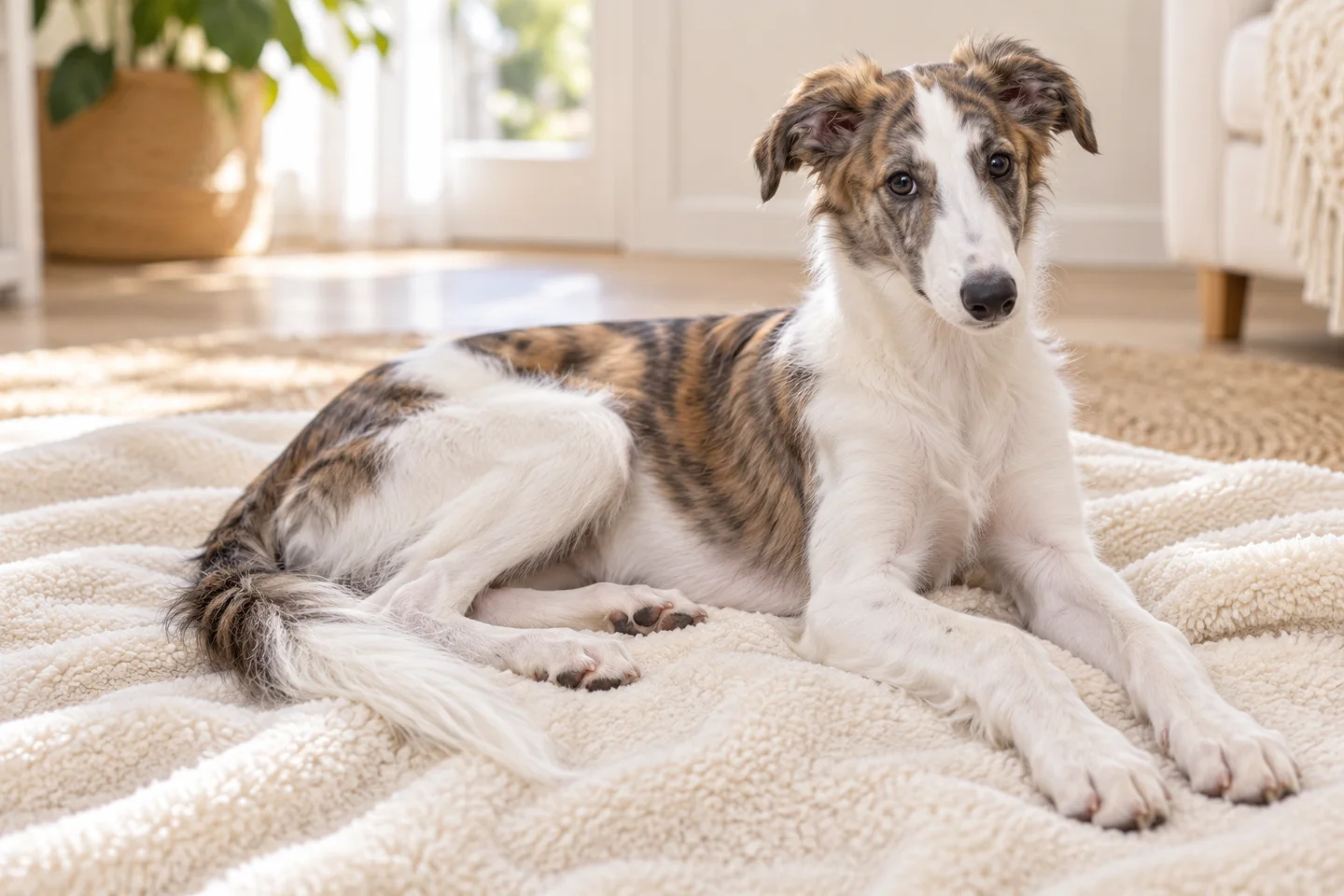 Silken Windhound young dog resting indoors, showing the selected breed type