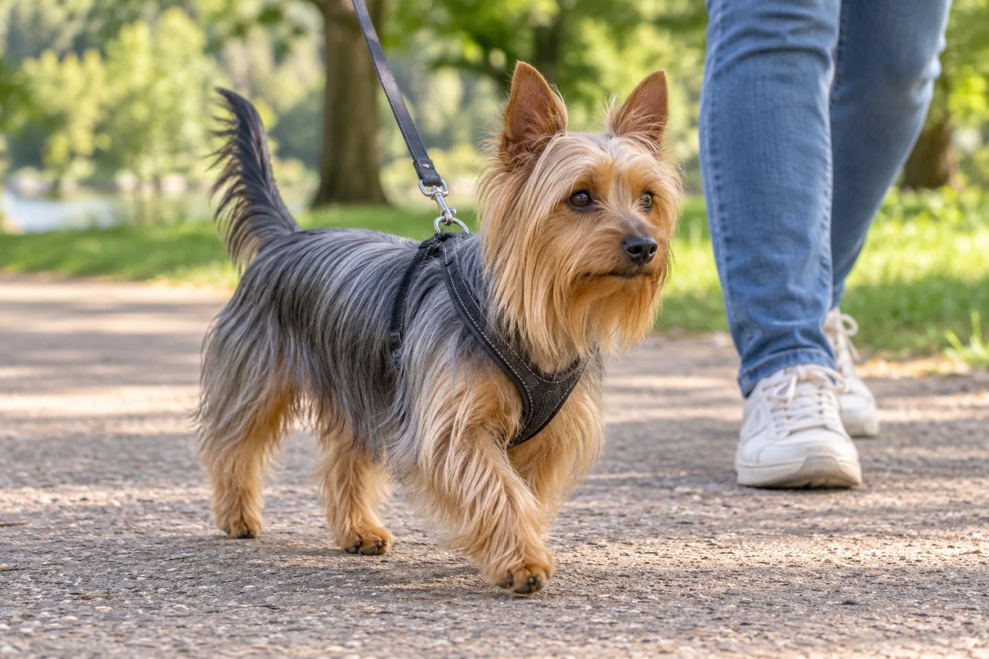Silky Terrier adult walking in a harness beside an adult handler, showing the selected breed type