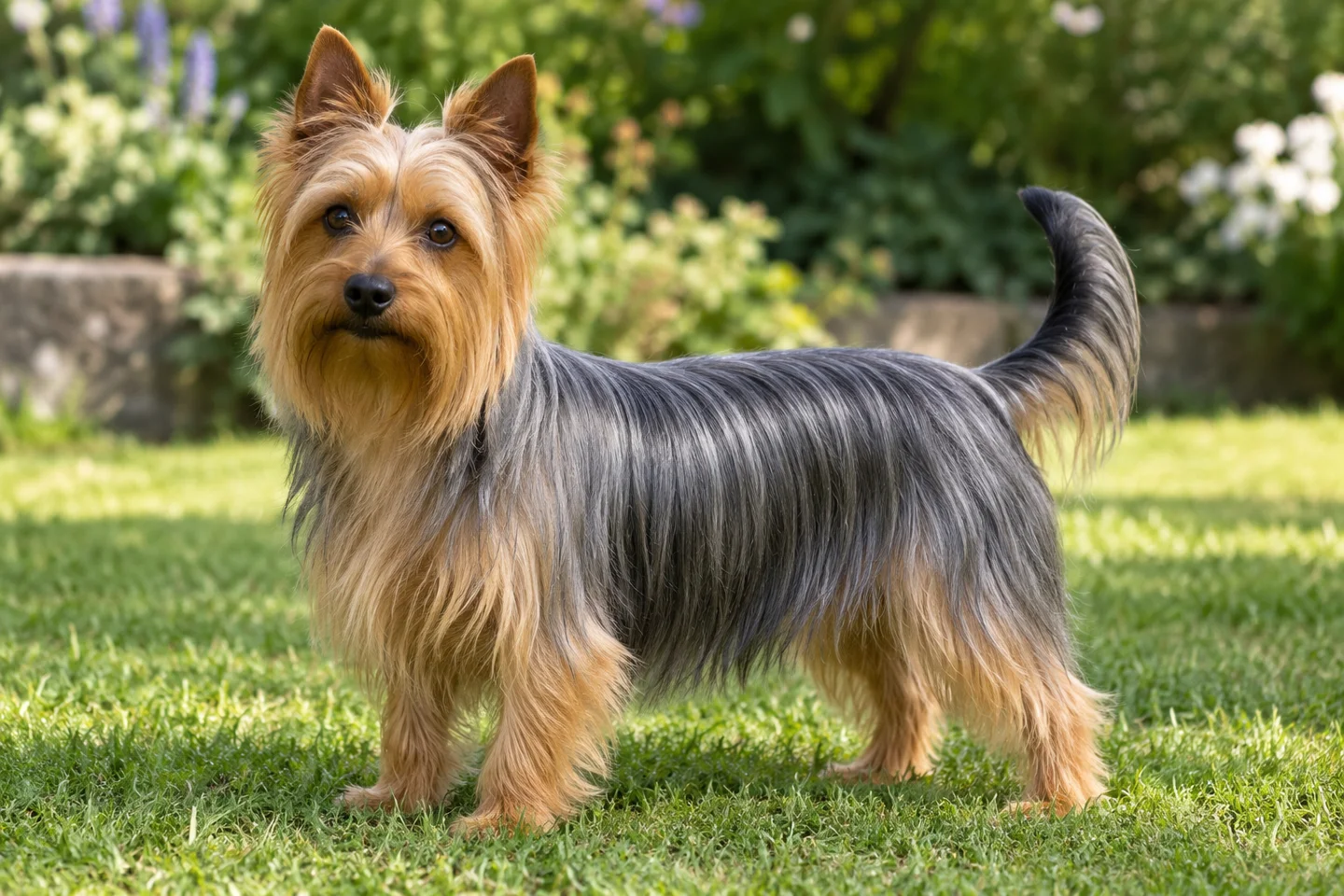 Silky Terrier adult standing in a quiet outdoor setting, showing the selected breed type
