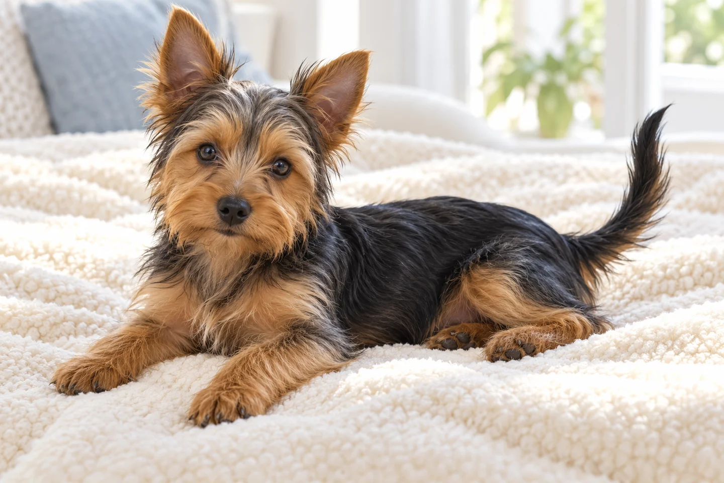 Silky Terrier young dog resting indoors, showing the selected breed type