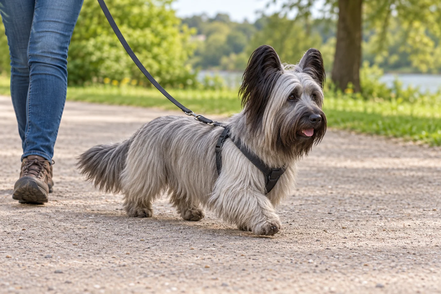 Skye Terrier adult walking in a harness beside an adult handler, showing the selected breed type