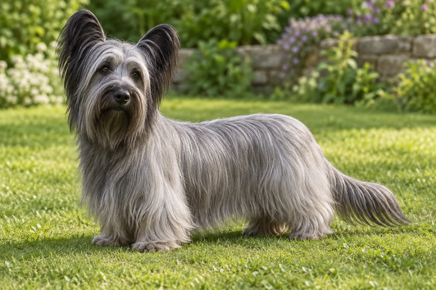 Skye Terrier adult standing in a quiet outdoor setting, showing the selected breed type