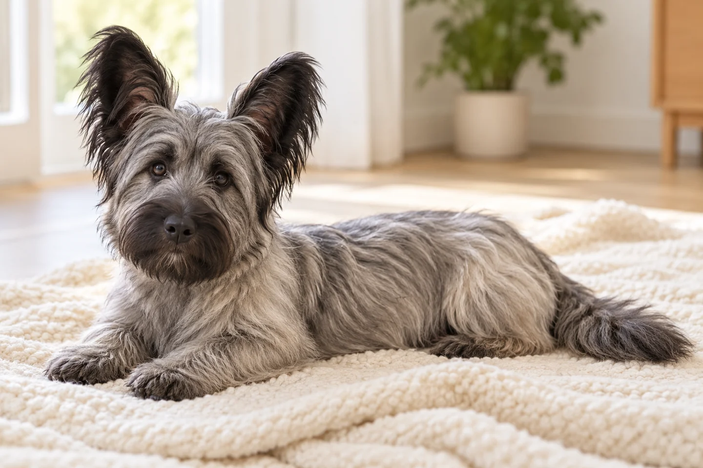 Skye Terrier young dog resting indoors, showing the selected breed type