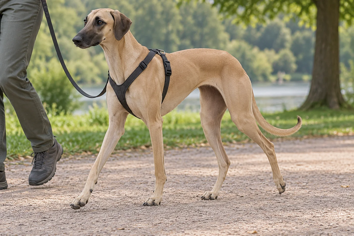 Sloughi adult walking in a harness beside an adult handler, showing the selected breed type
