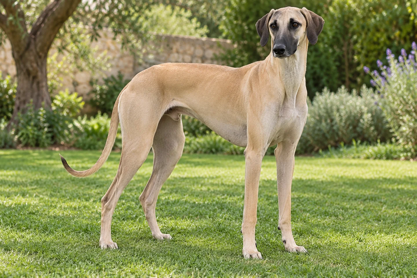 Sloughi adult standing in a quiet outdoor setting, showing the selected breed type