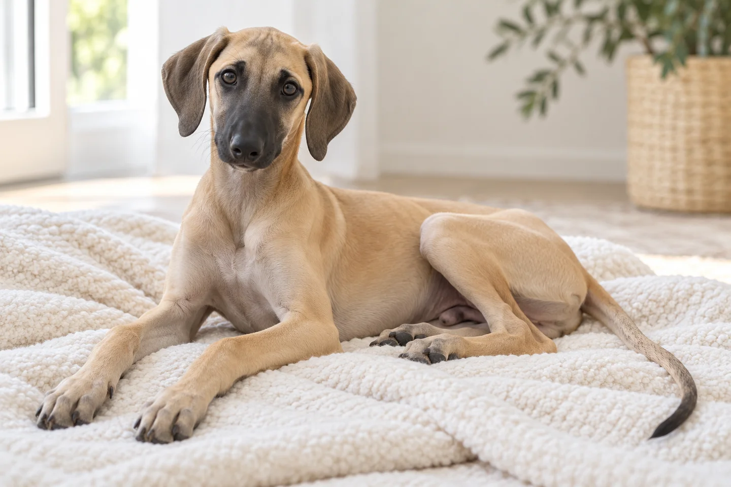 Sloughi young dog resting indoors, showing the selected breed type