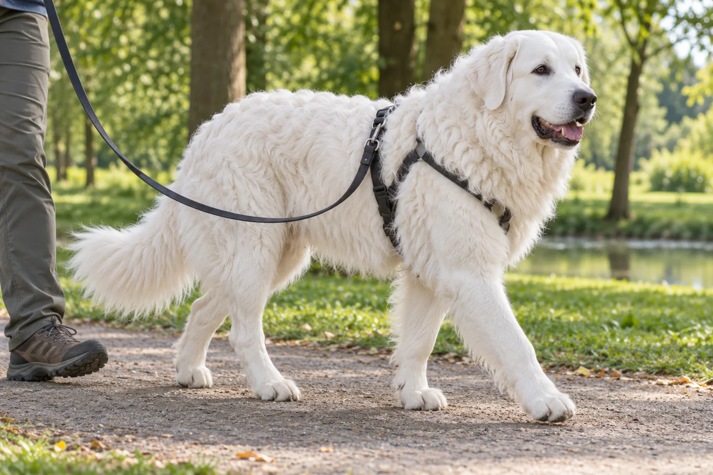 Slovak Cuvac adult walking in a harness beside an adult handler, with breed-specific coat and natural anatomy