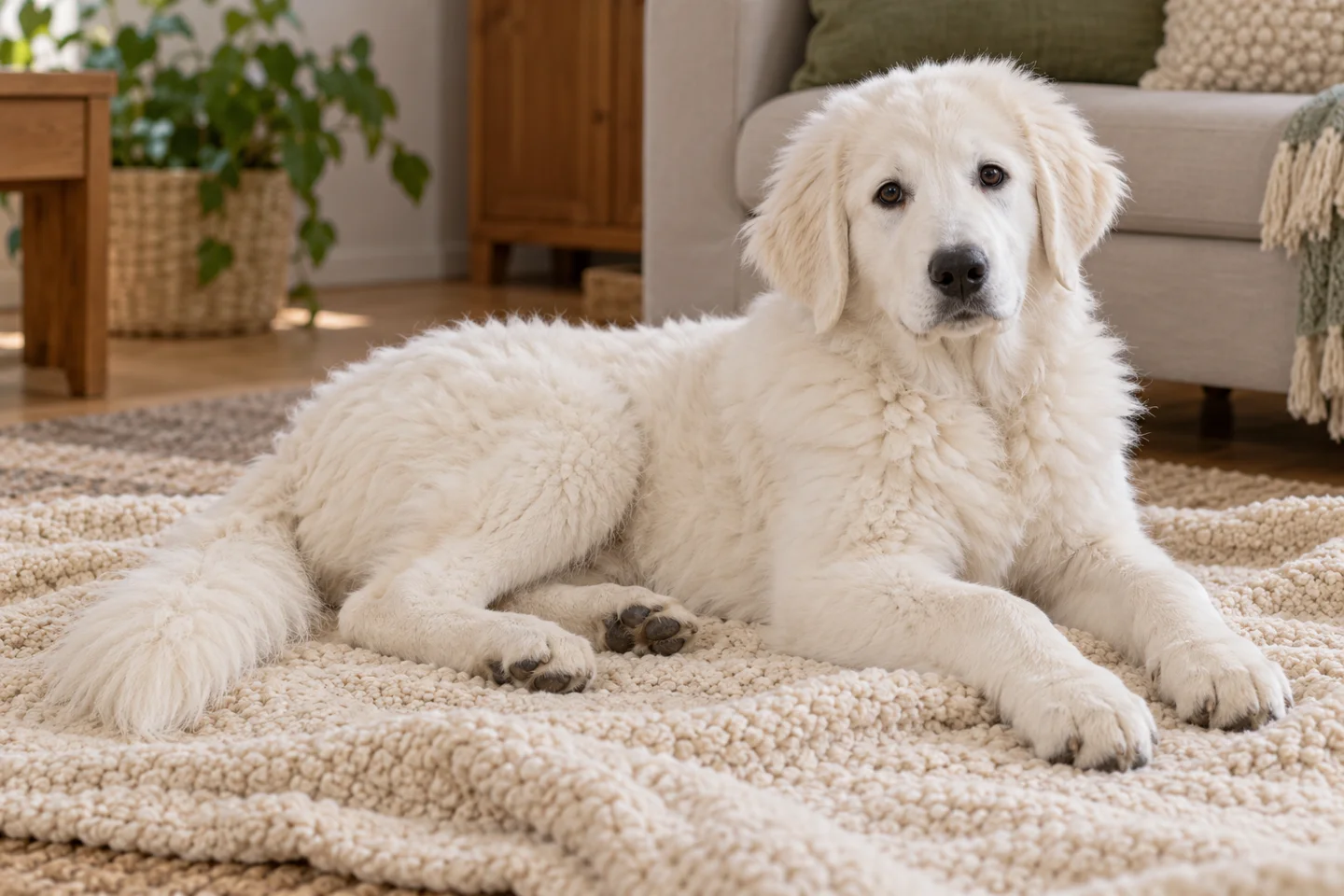 Slovak Cuvac older puppy resting on a blanket indoors, with breed-specific coat and natural anatomy