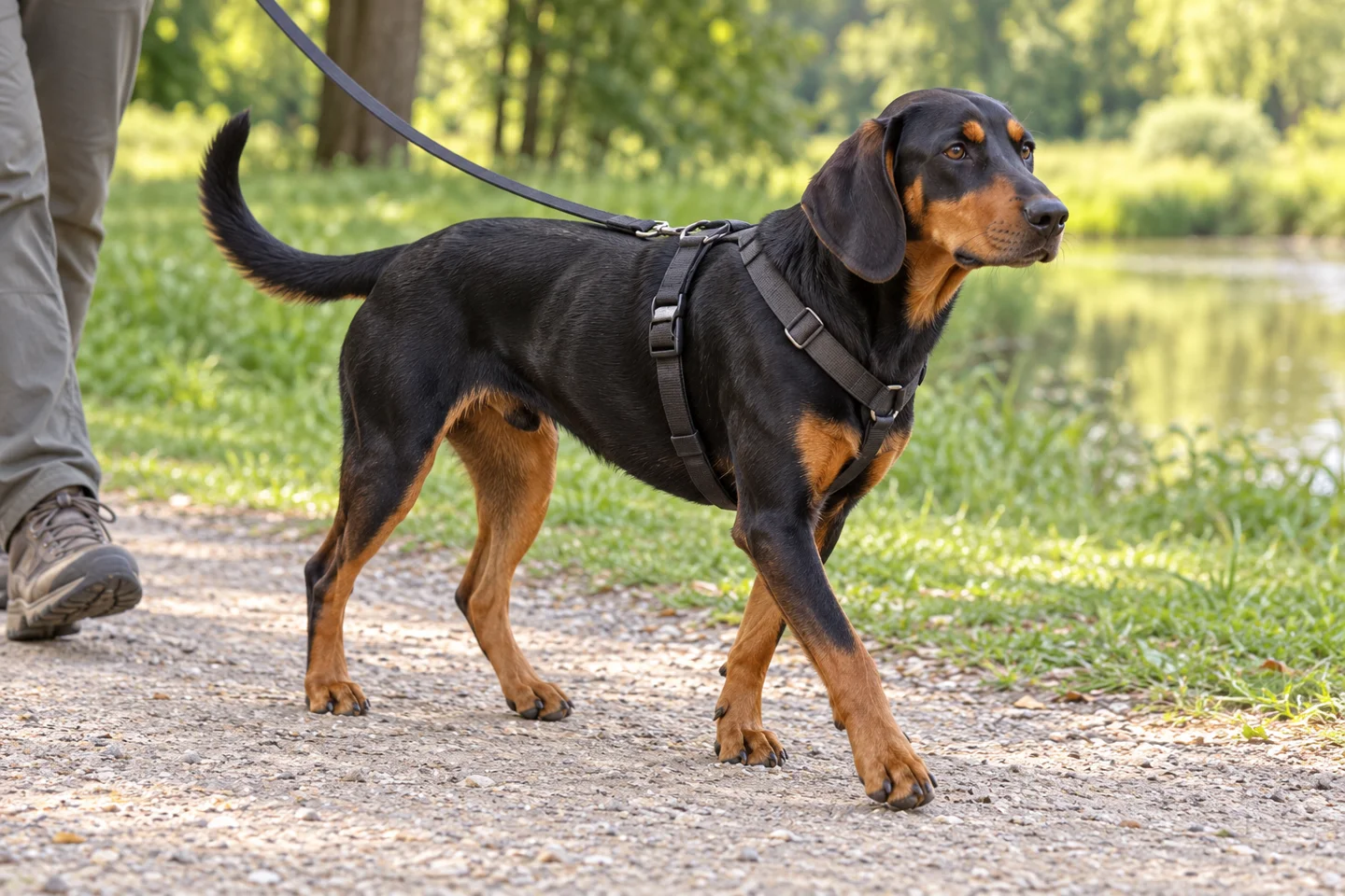 Slovakian Hound adult walking in a harness beside an adult handler, with breed-specific coat and natural anatomy