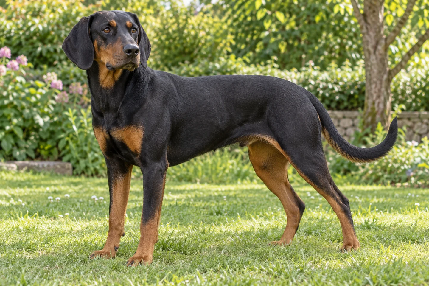 Slovakian Hound adult standing naturally outdoors, with breed-specific coat and natural anatomy