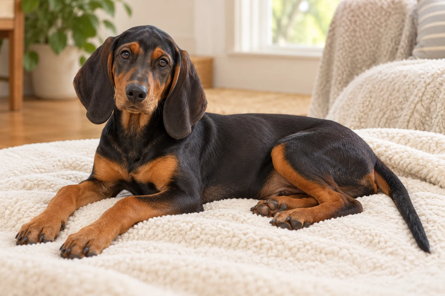 Slovakian Hound older puppy resting on a blanket indoors, with breed-specific coat and natural anatomy