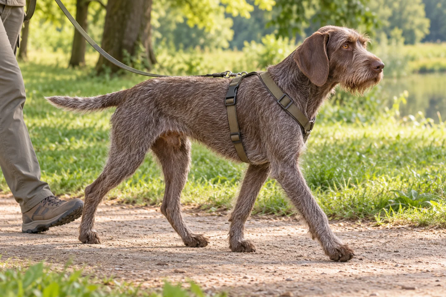 Slovakian Wirehaired Pointer adult walking in a harness beside an adult handler, with breed-specific coat and natural anatomy