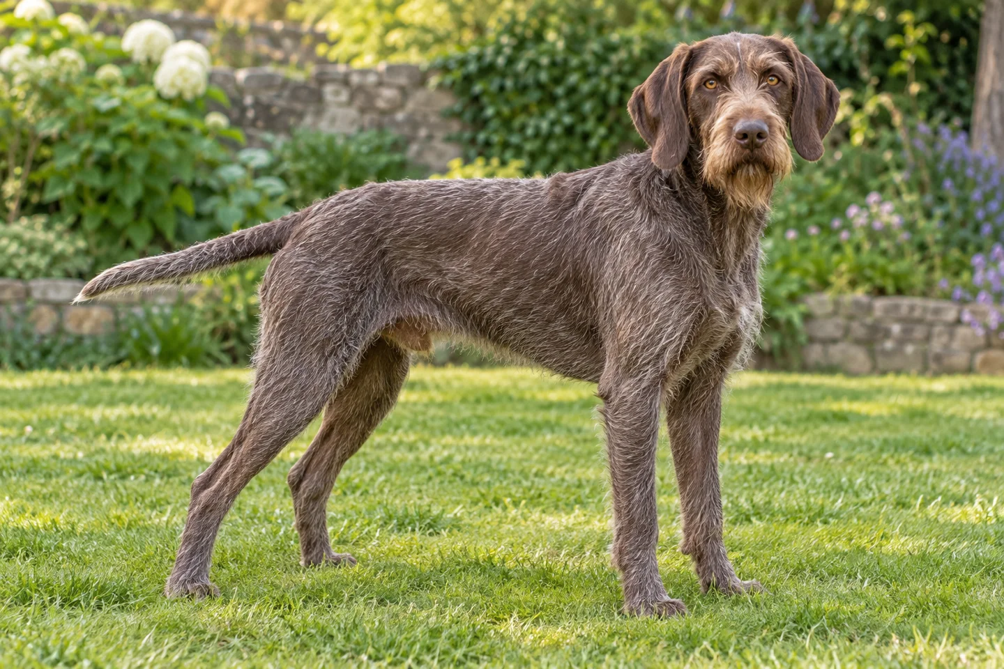 Slovakian Wirehaired Pointer adult standing naturally outdoors, with breed-specific coat and natural anatomy