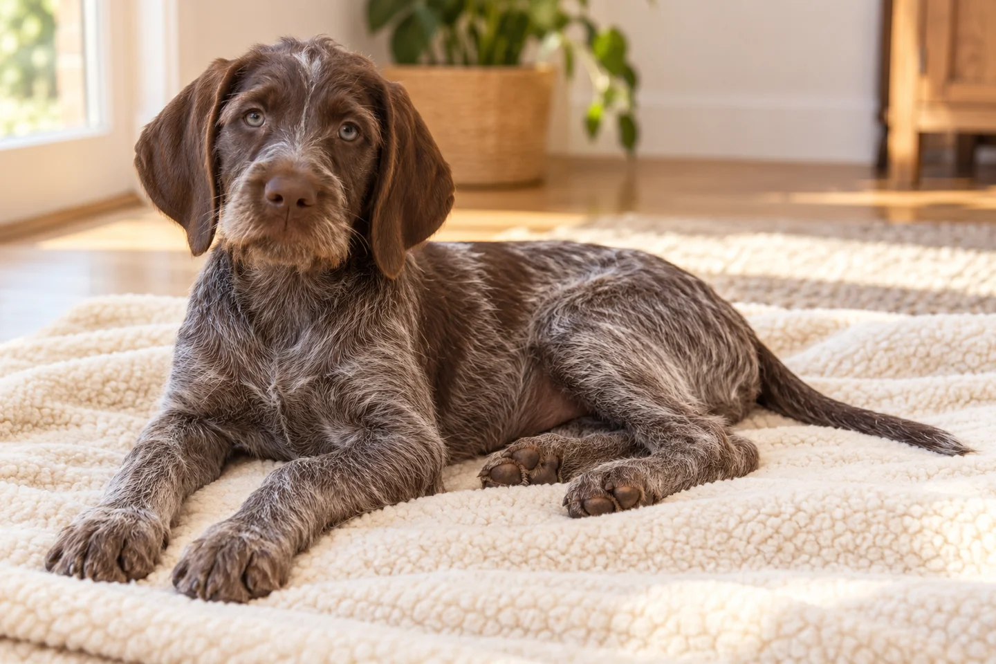 Slovakian Wirehaired Pointer older puppy resting on a blanket indoors, with breed-specific coat and natural anatomy