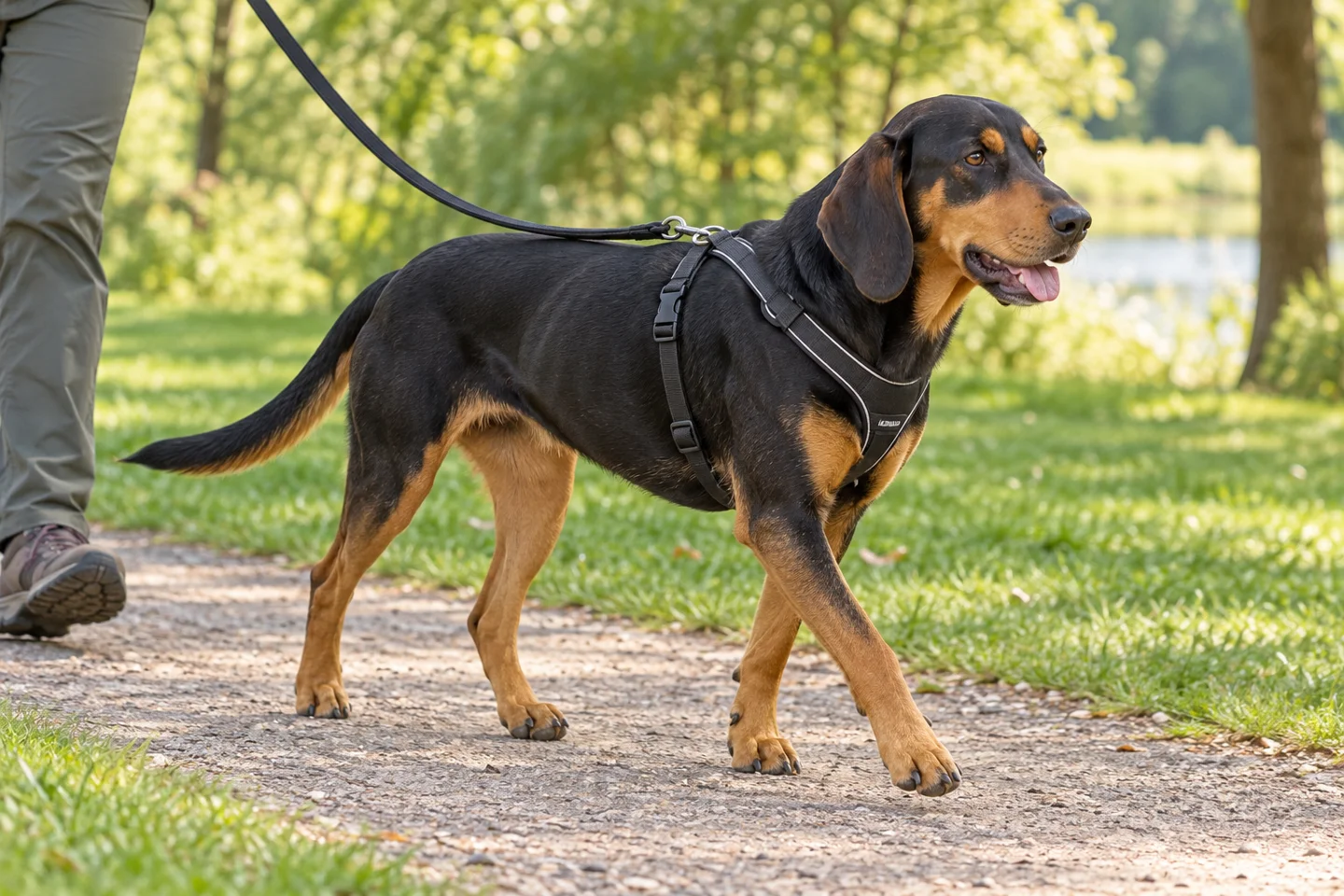 Småland Hound adult walking in a harness beside an adult handler, with breed-specific coat and natural anatomy