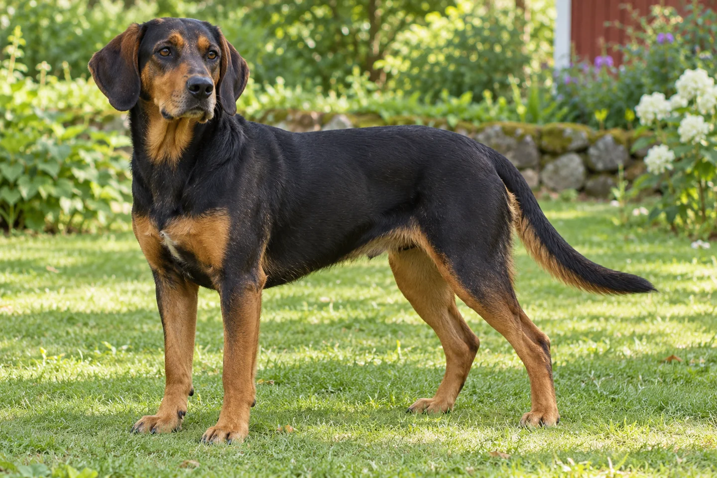 Småland Hound adult standing naturally outdoors, with breed-specific coat and natural anatomy