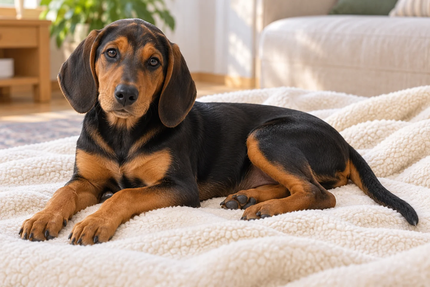 Småland Hound older puppy resting on a blanket indoors, with breed-specific coat and natural anatomy