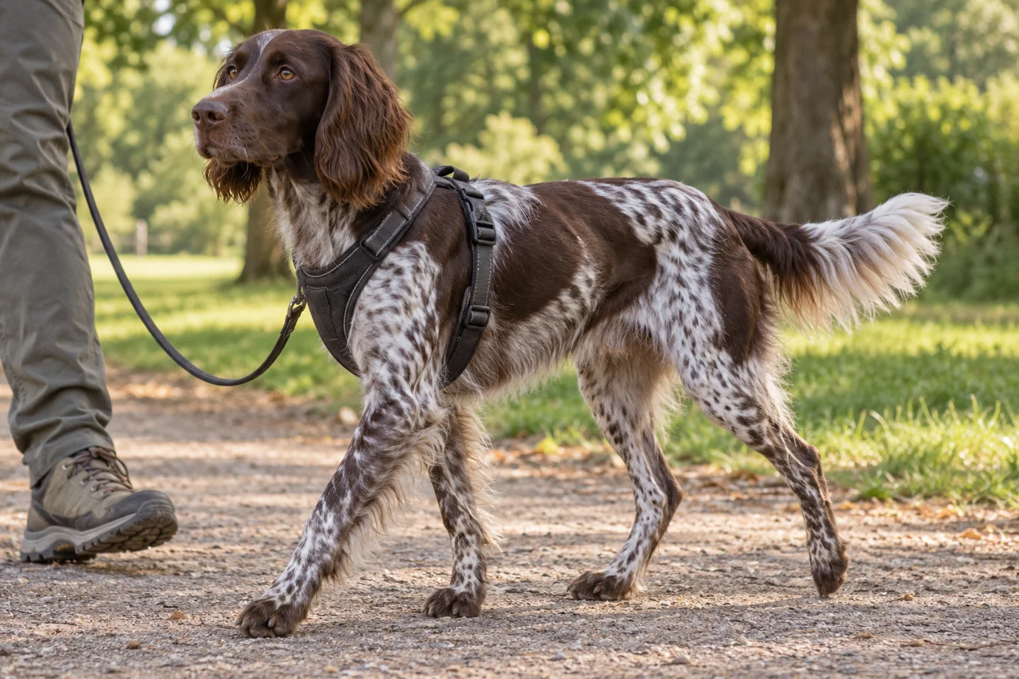 Small Münsterländer adult walking in a harness beside an adult handler, with breed-specific coat and natural anatomy