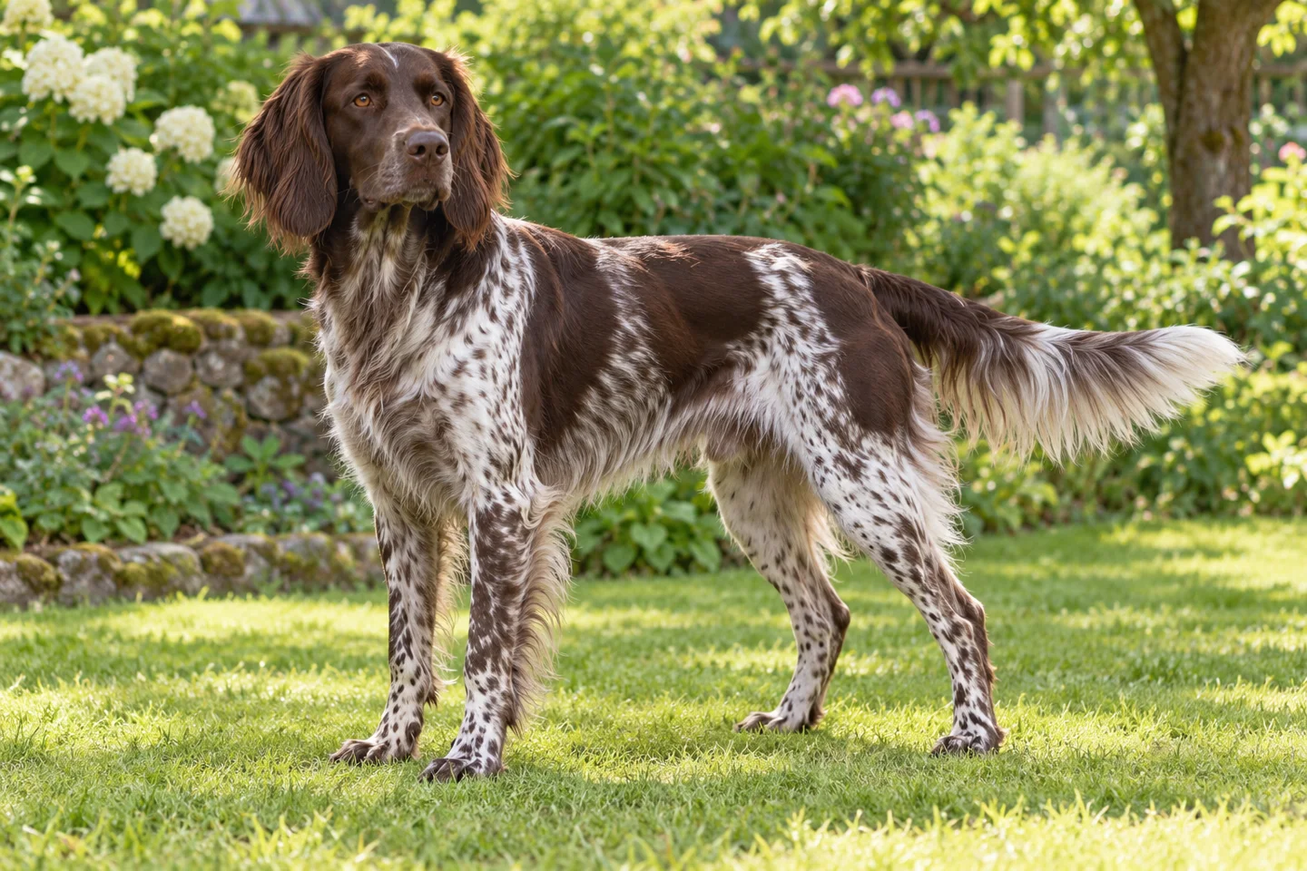 Small Münsterländer adult standing naturally outdoors, with breed-specific coat and natural anatomy