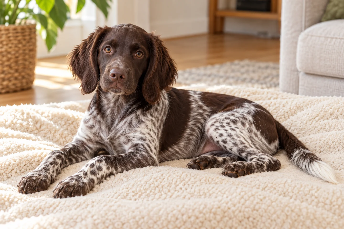 Small Münsterländer older puppy resting on a blanket indoors, with breed-specific coat and natural anatomy