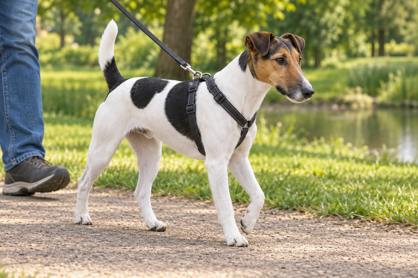 Smooth Fox Terrier adult walking in a harness beside an adult handler, with breed-specific coat and natural anatomy