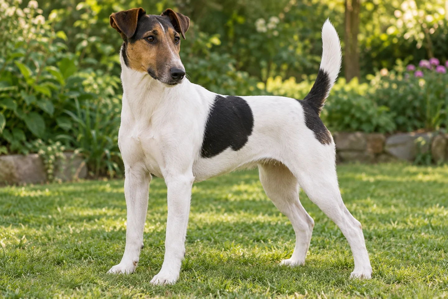 Smooth Fox Terrier adult standing naturally outdoors, with breed-specific coat and natural anatomy