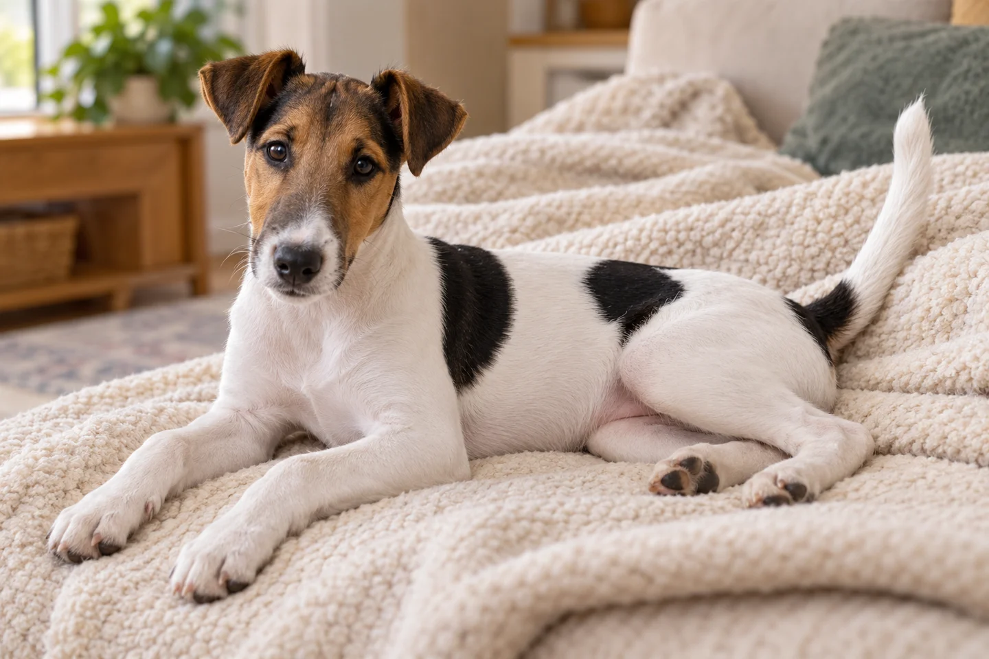 Smooth Fox Terrier older puppy resting on a blanket indoors, with breed-specific coat and natural anatomy
