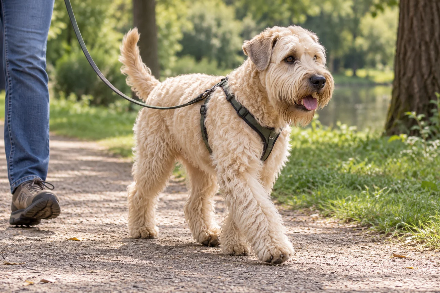 A pale wheaten Soft Coated Wheaten Terrier walking on a slack harness lead beside an adult in a quiet park