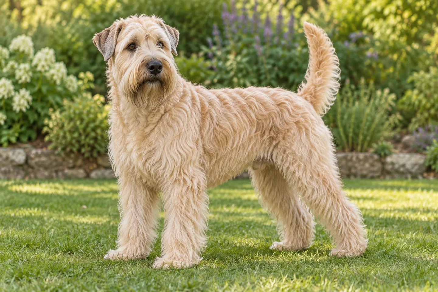 A pale wheaten adult Soft Coated Wheaten Terrier with silky waves, folded ears and a full tail in a garden