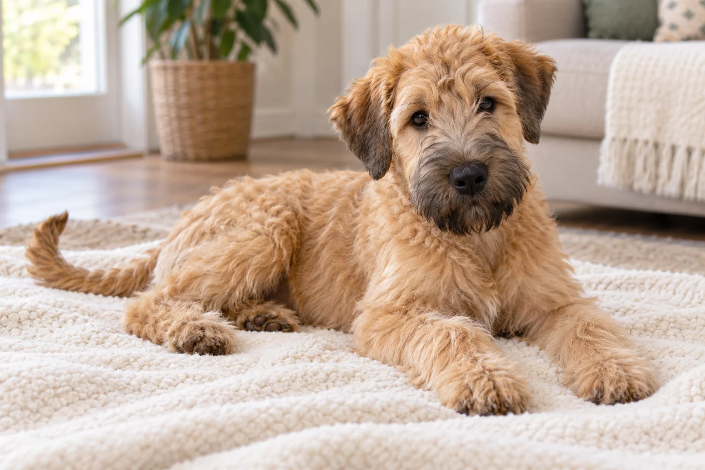 A darker tan Soft Coated Wheaten Terrier puppy resting indoors with a developing coat